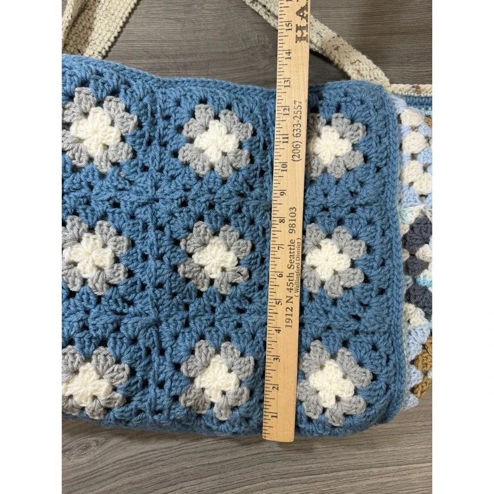 Handmade Crochet Granny Square Large Reversible Tote Bag Boho Hippie Blue Brown